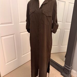 Bella Dahl Long Button-Front Shirt Dress in Dark Chocolate Brown NEW!